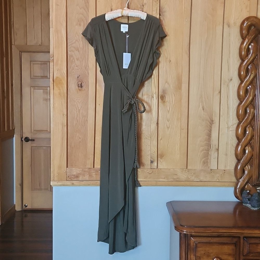 MISA LA Wrap V-Neck Maxi Cap Sleeve Dress Cocktail Party, Medium, Olive Green